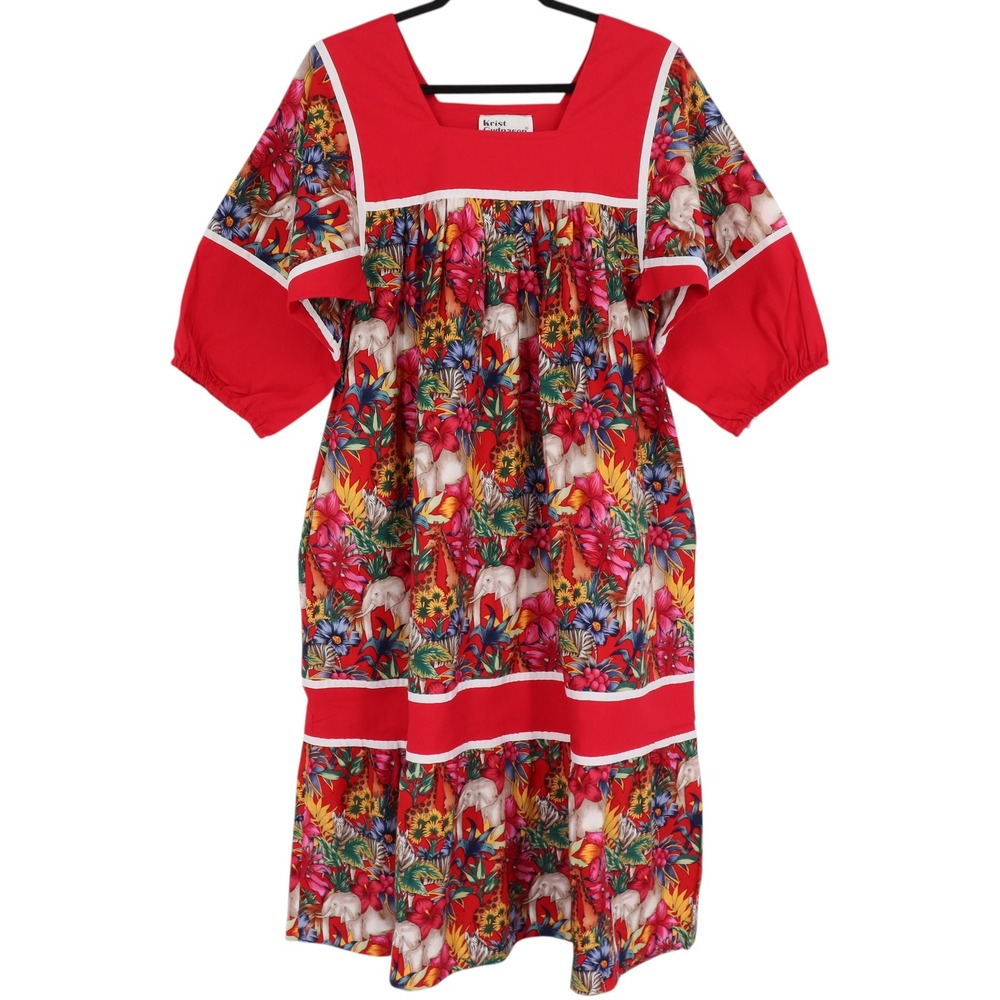 Vintage Krist Gudnason California Size S Red Tropical Kaftan House Muumuu Dress